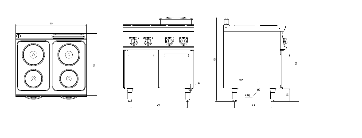 電四頭煮食爐連柜三視圖