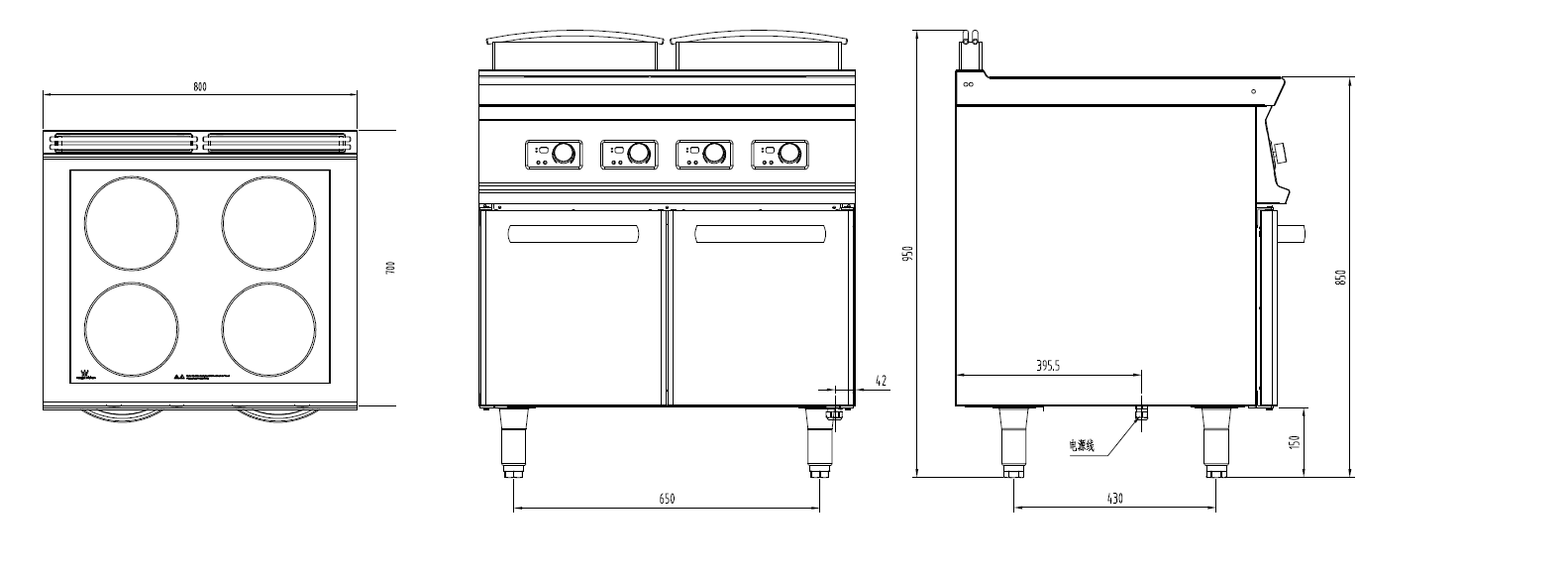 電磁四頭煲仔爐連柜三視圖
