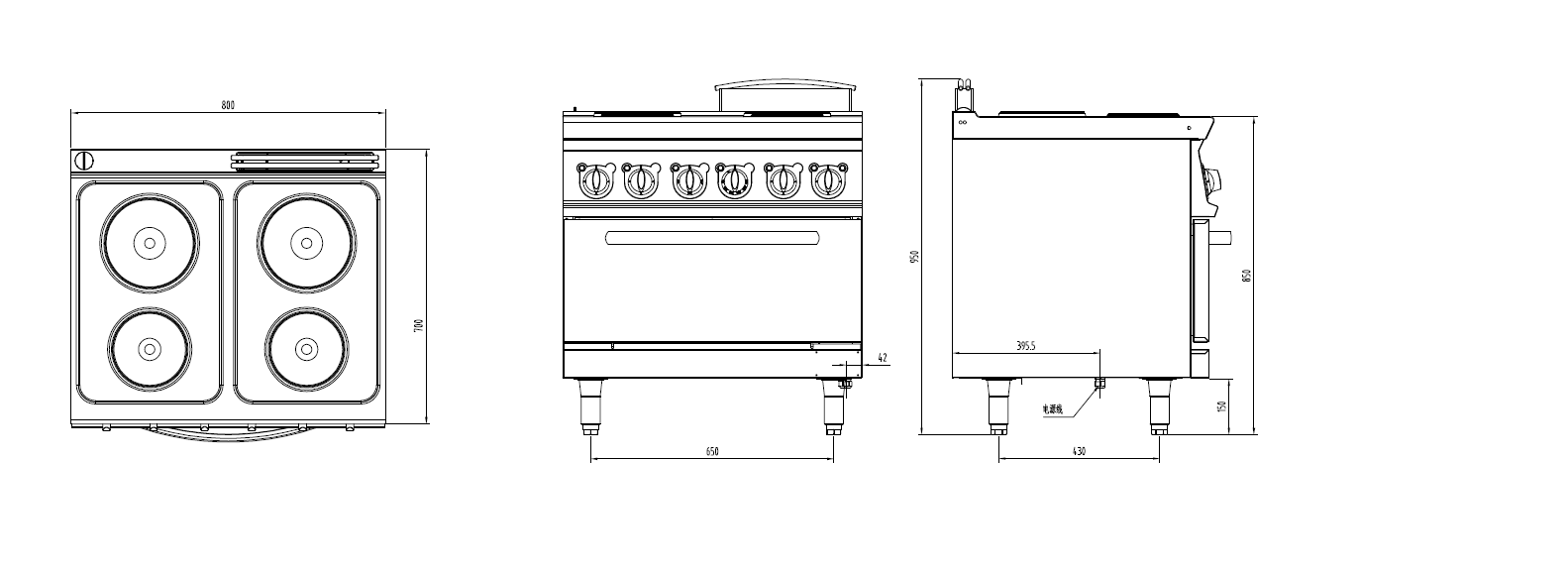 電四頭煮食爐連烤箱三視圖