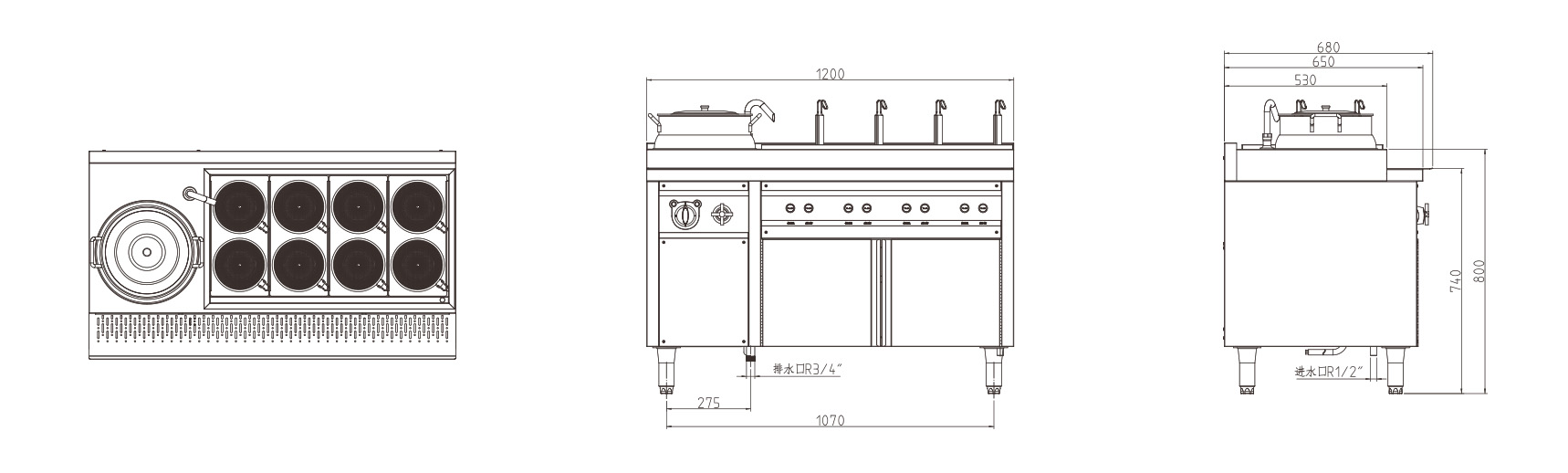 餛飩爐連保溫湯桶三視圖